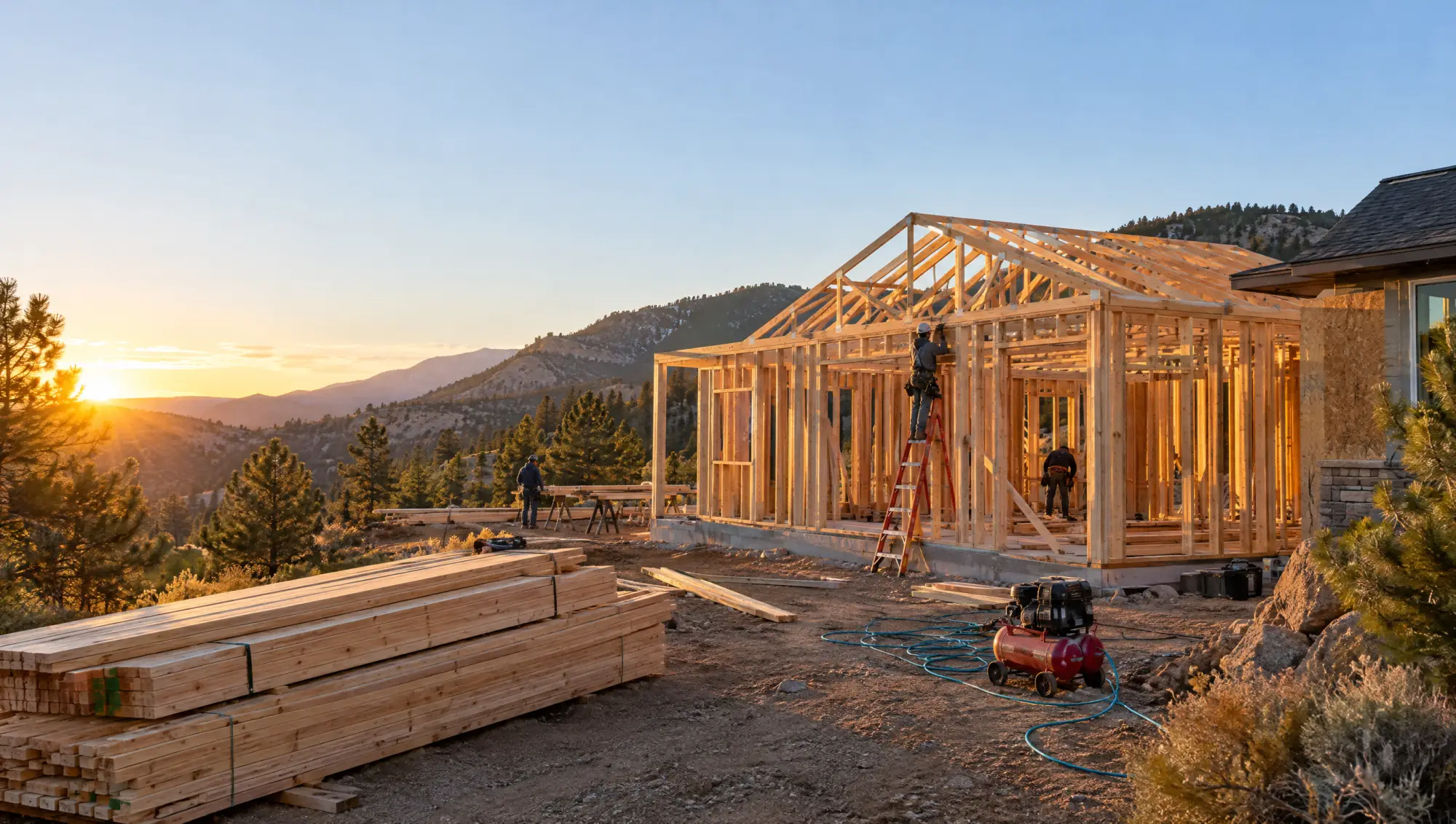 Castle Rock home additions: a crew framing a home addition at sunrise Castle Rock home additions: a crew framing a home addition at sunrise