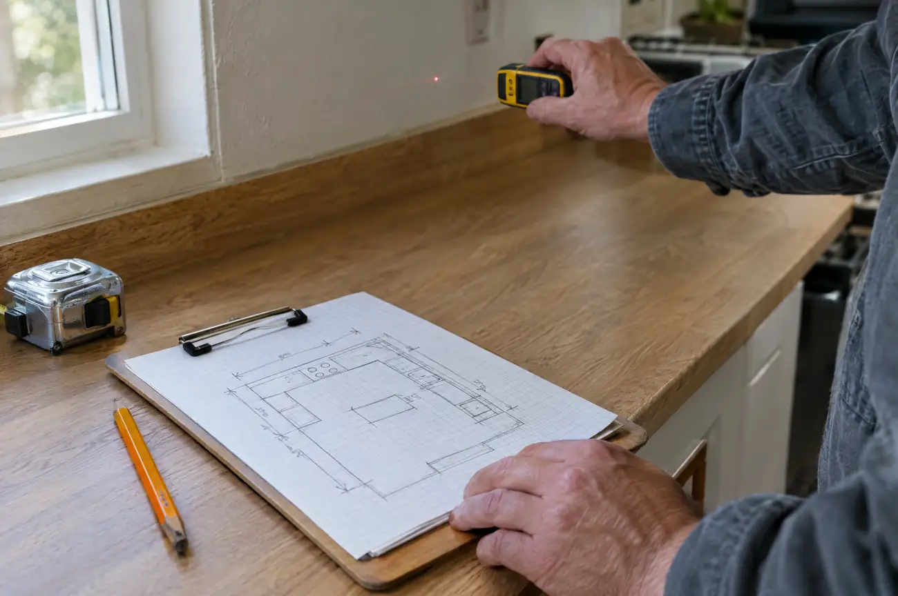 Castle Rock home project estimate: measuring a kitchen wall beside a sketched floor plan