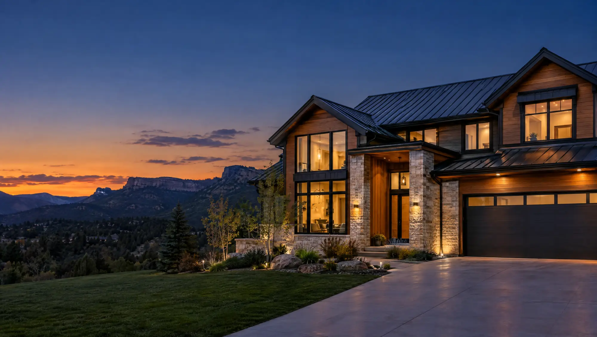 Castle Rock home remodeling: a remodeled two-story home at dusk below the foothills Castle Rock home remodeling: a remodeled two-story home at dusk below the foothills