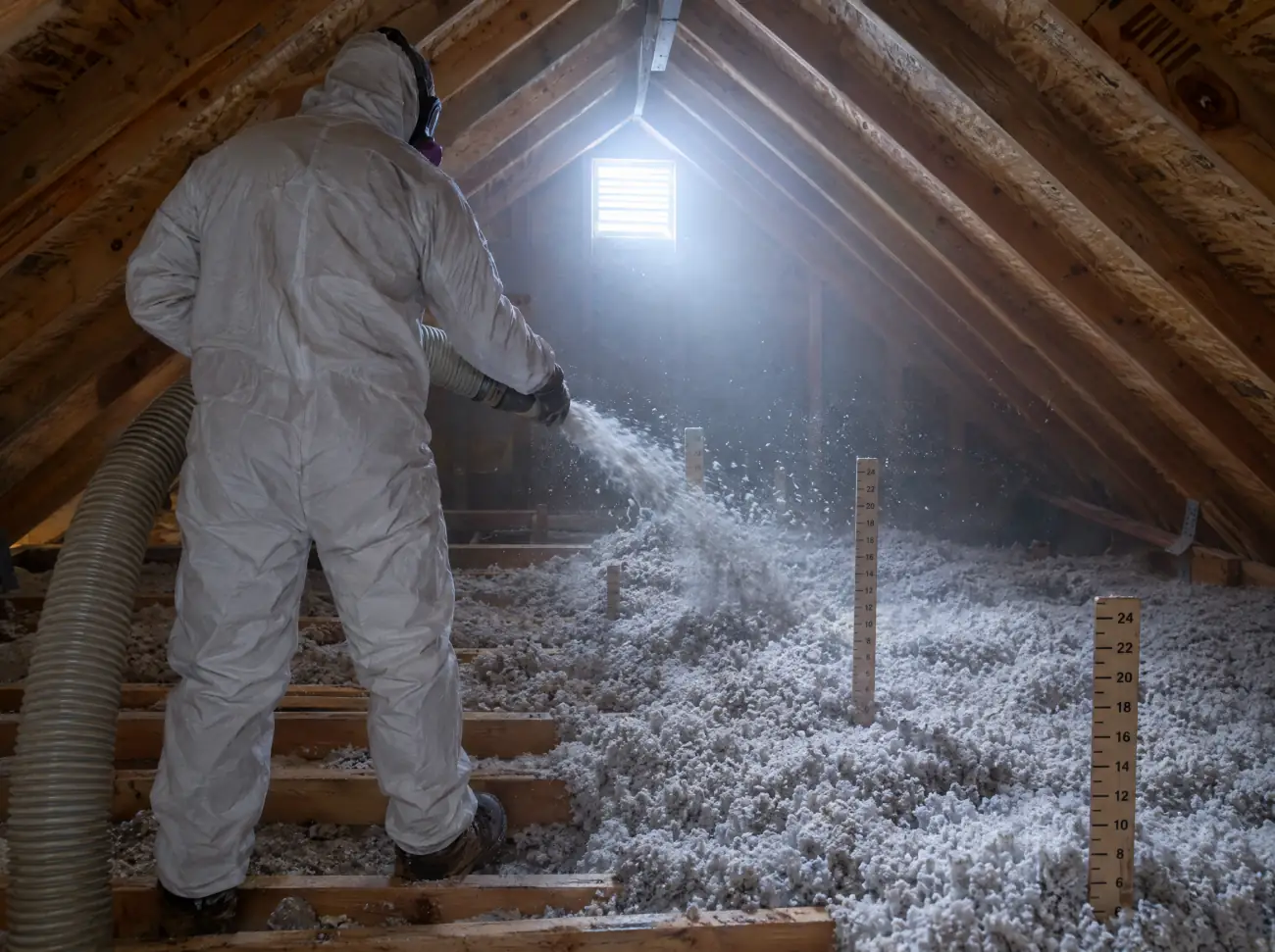 Castle Rock insulation: blowing cellulose insulation into an attic Castle Rock insulation: blowing cellulose insulation into an attic