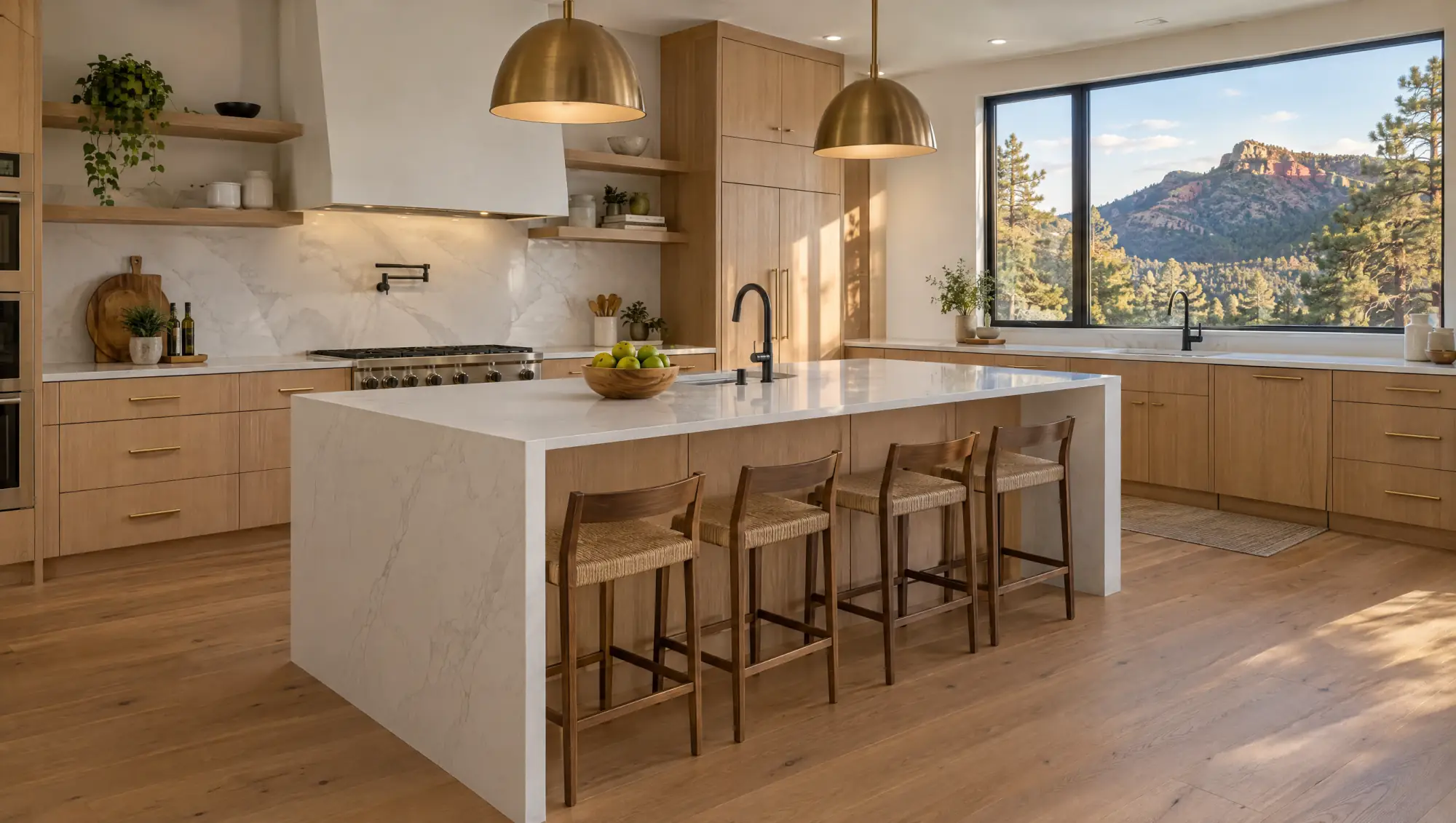 Castle Rock kitchen remodeling: white oak cabinets and a quartz island facing the foothills Castle Rock kitchen remodeling: white oak cabinets and a quartz island facing the foothills