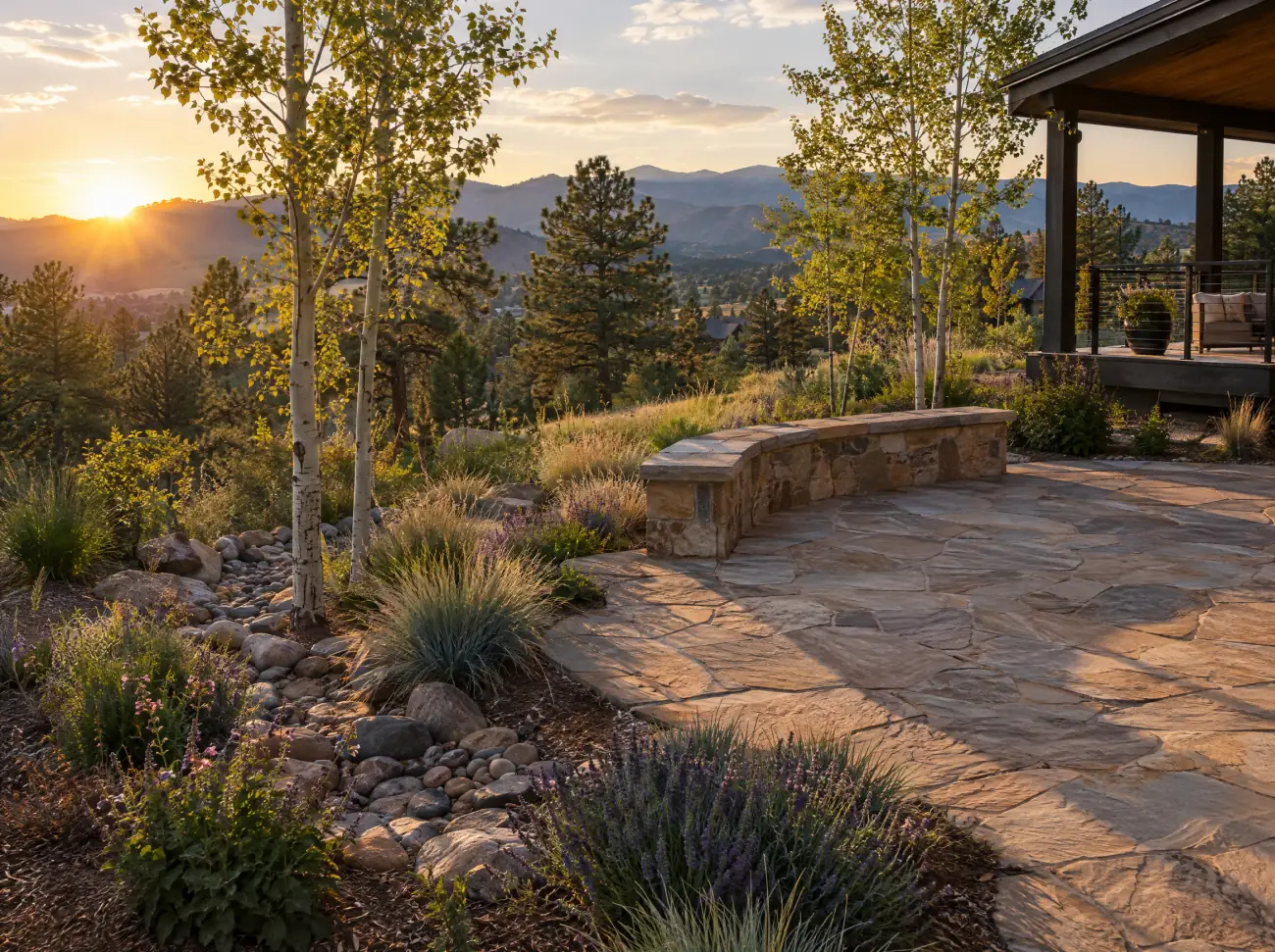 Castle Rock landscaping: a flagstone patio with native grasses and aspens