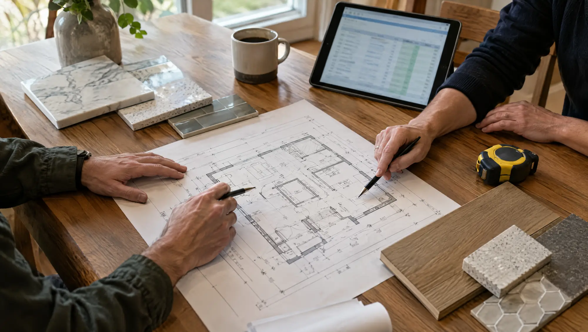 Castle Rock remodel planning: floor plans, material samples and an estimate on a dining table