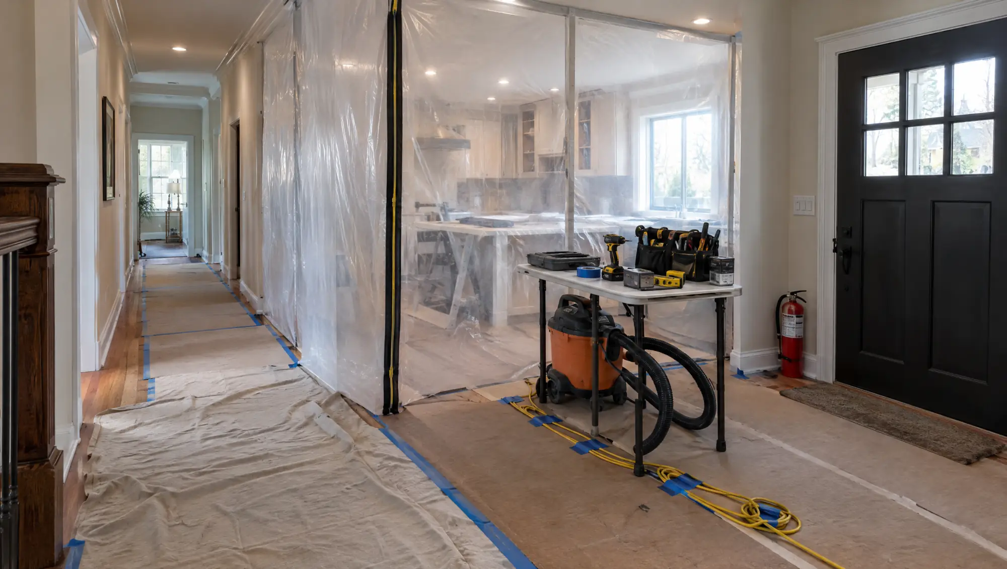 Castle Rock remodeling job site: floor protection and a zippered dust wall around a kitchen remodel Castle Rock remodeling job site: floor protection and a zippered dust wall around a kitchen remodel