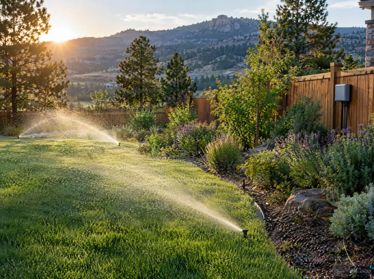 Castle Rock sprinklers and irrigation: sprinklers watering a lawn and native plantings